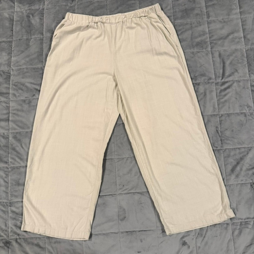 JM Collection Wide Leg Pants Womens XL‎ Beige Linen Blend Elastic Waist Casual